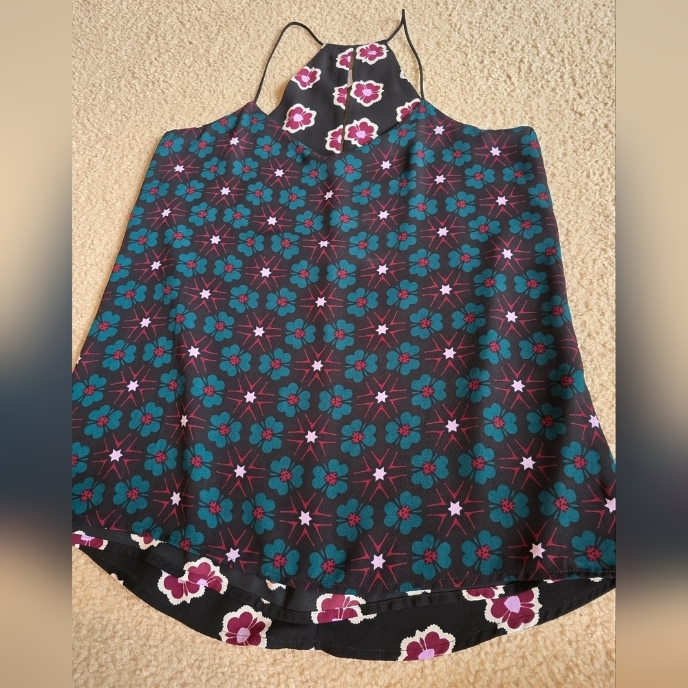 🌈 REVERSIBLE Express Barcelona Blue Green Floral Sleeveless V Neck Size Small - Picture 4 of 7